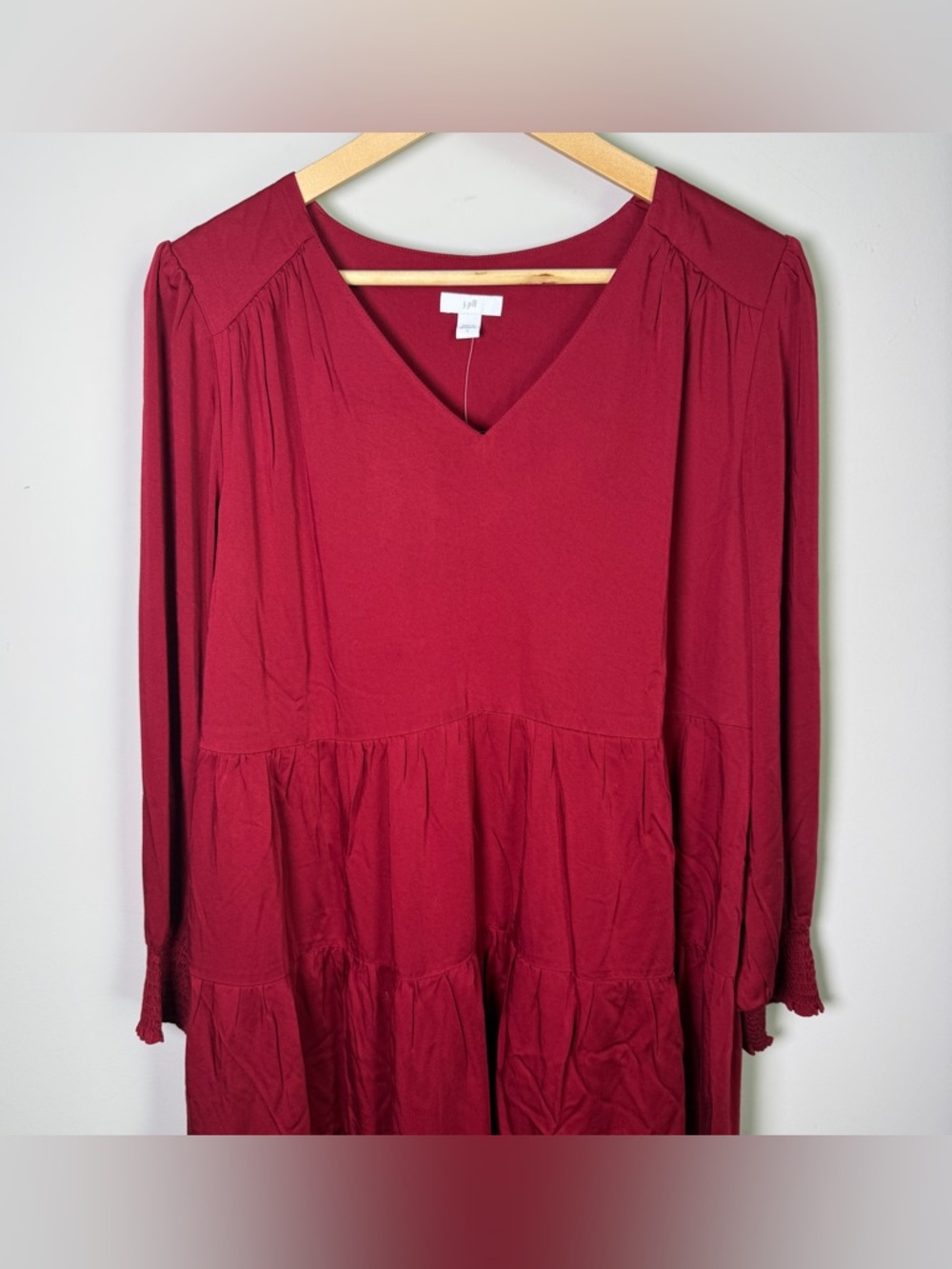 J.Jill NWT Tiered Viscose Dress | Crimson | Long Ruffle Sleeve Boho| Size L - Picture 2 of 11